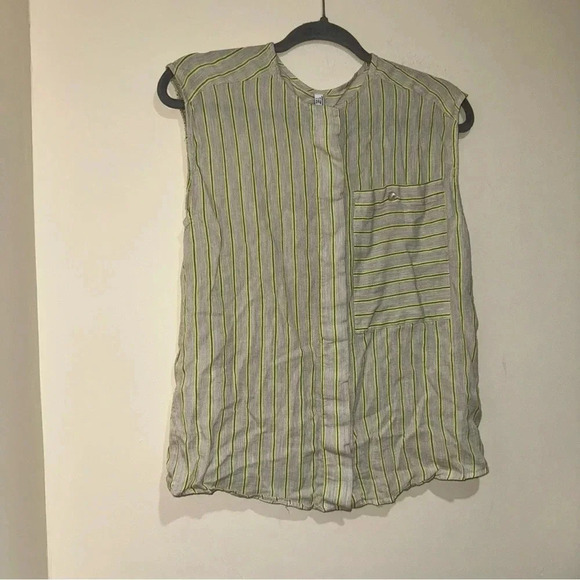 Women’s Mango  Brand Lime Green Grey Striped Hidden Buttons Tank Blouse Size 4 - Picture 3 of 11